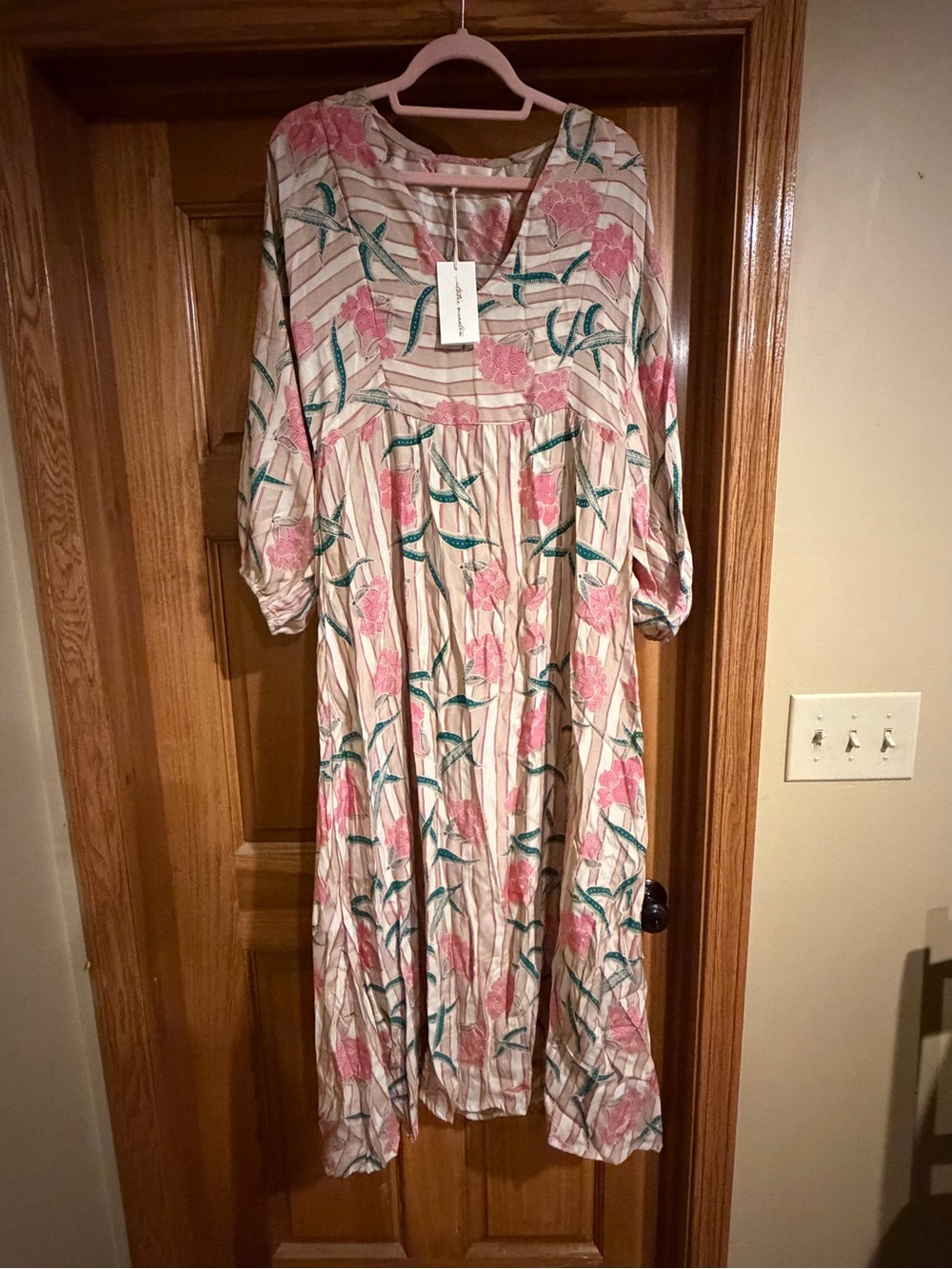 Natalie Martin Cream Maxi Dress with Pink Floral & Green Leaves
